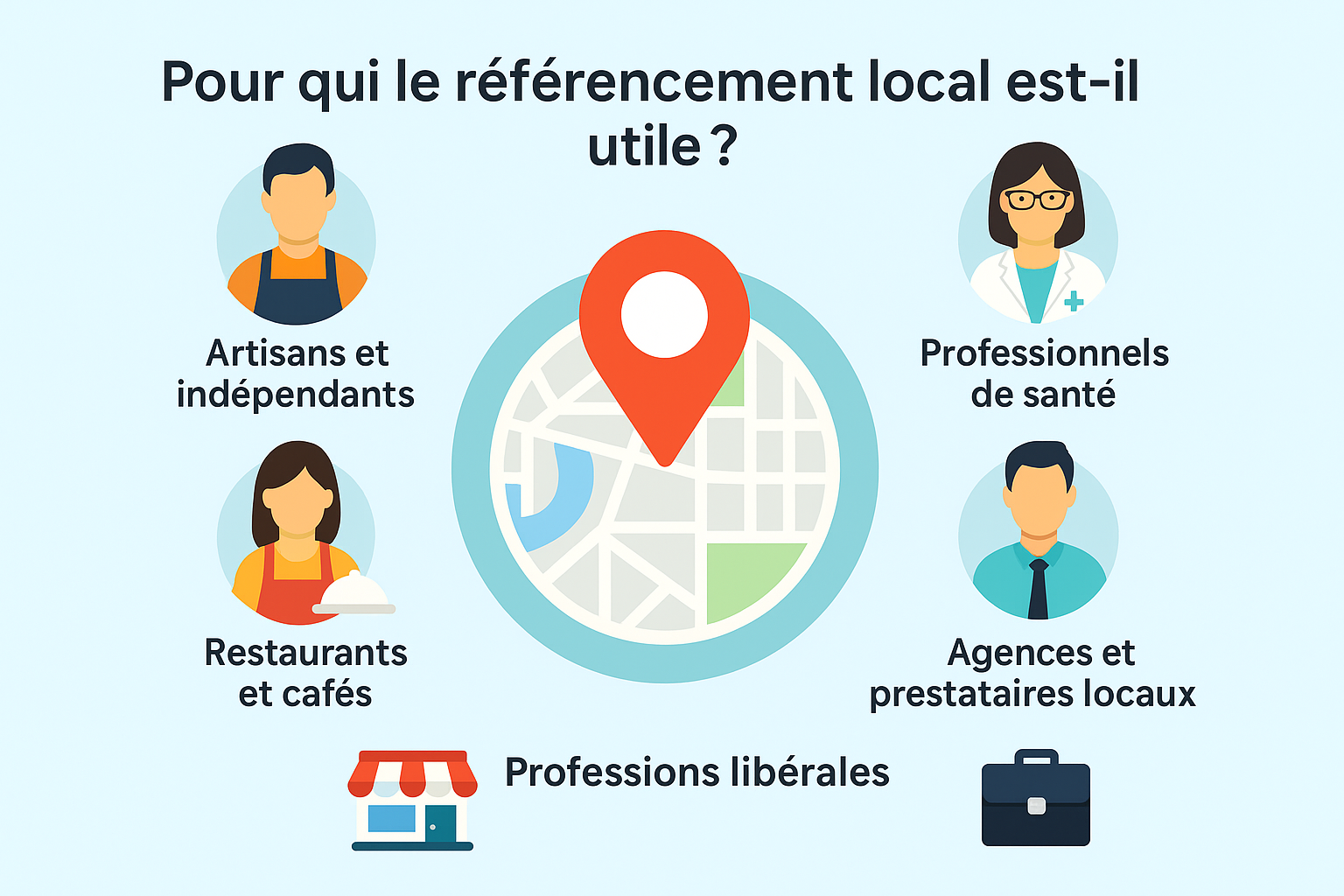 Référencement local: Illustration des professionnels concernés par le référencement local : artisans, commerçants, restaurateurs, professionnels de santé, agences et professions libérales.