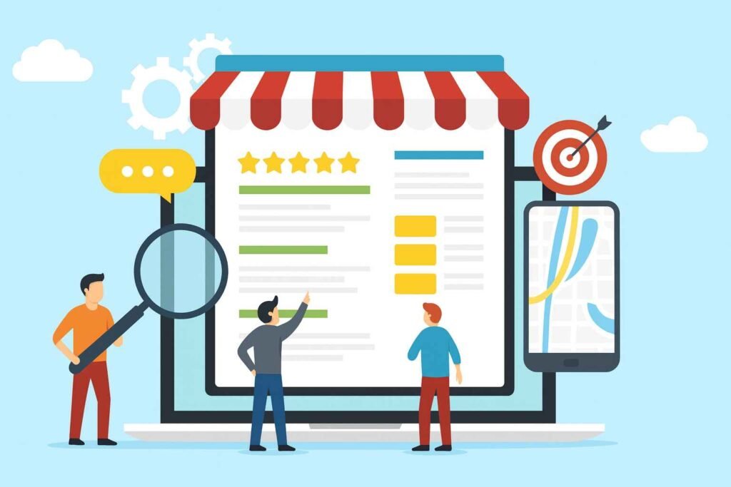 Illustration d’un concept de référencement local SEO montrant des personnes analysant une fiche entreprise avec avis, carte, et positionnement.